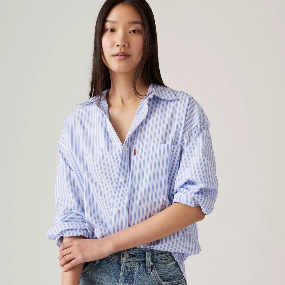 Levis Lola Button Up Boyfriend Shirt In Blue Stripe, Size Small